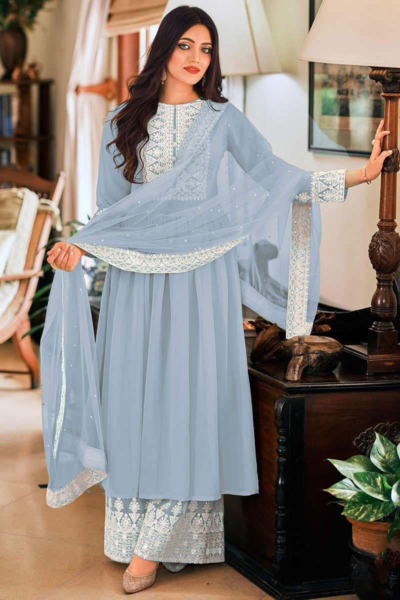 Light Blue Georgette Dori Embroidered Palazzo Suit LSTV125954