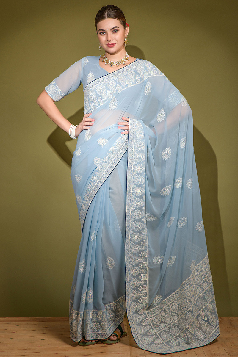 Banarasee Faux Georgette Saree With Silver Zari & Work-Light Blue