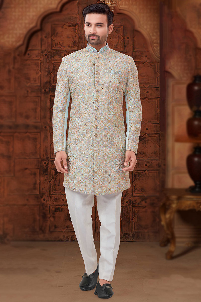 Buy WHITE INDO WESTERN SHERWANI WITH DUPATTA & STRAIGHT CUT PANT (Small) at  Amazon.in