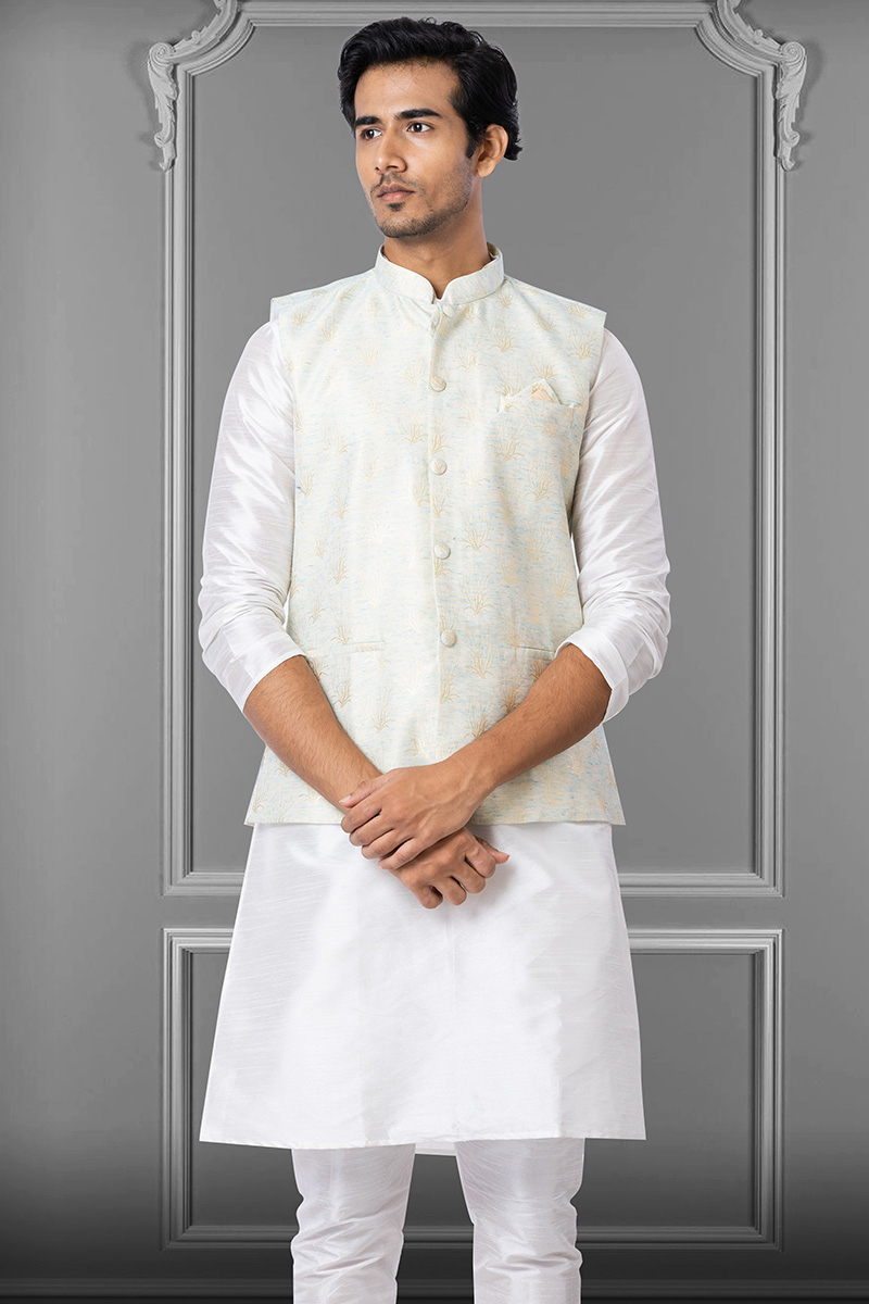 Light Blue Jacquard Woven Zari Men's Waist Coat