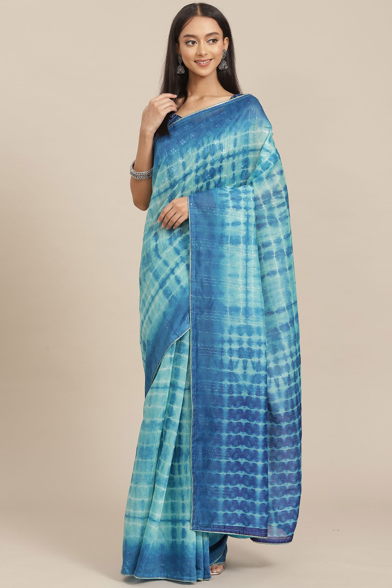 Saree for Party Wear in Linen Light Blue with Printed