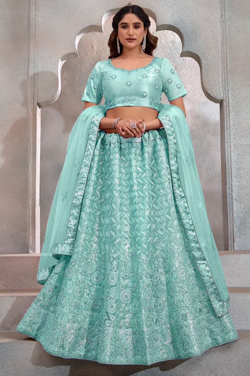Light Blue Net Lehenga With Sequins Work For Weddings