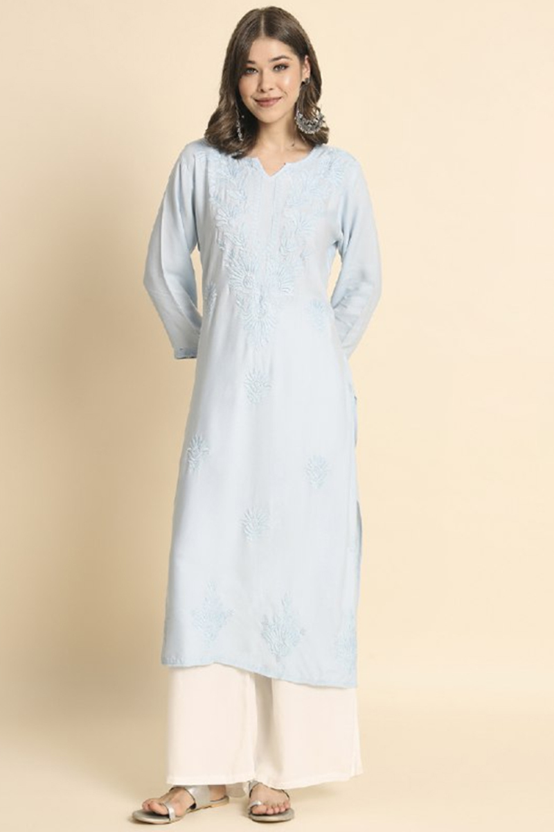 Light Blue Rayon Embroidered Ready to Wear Straight Cut Casual Wear Kurti
