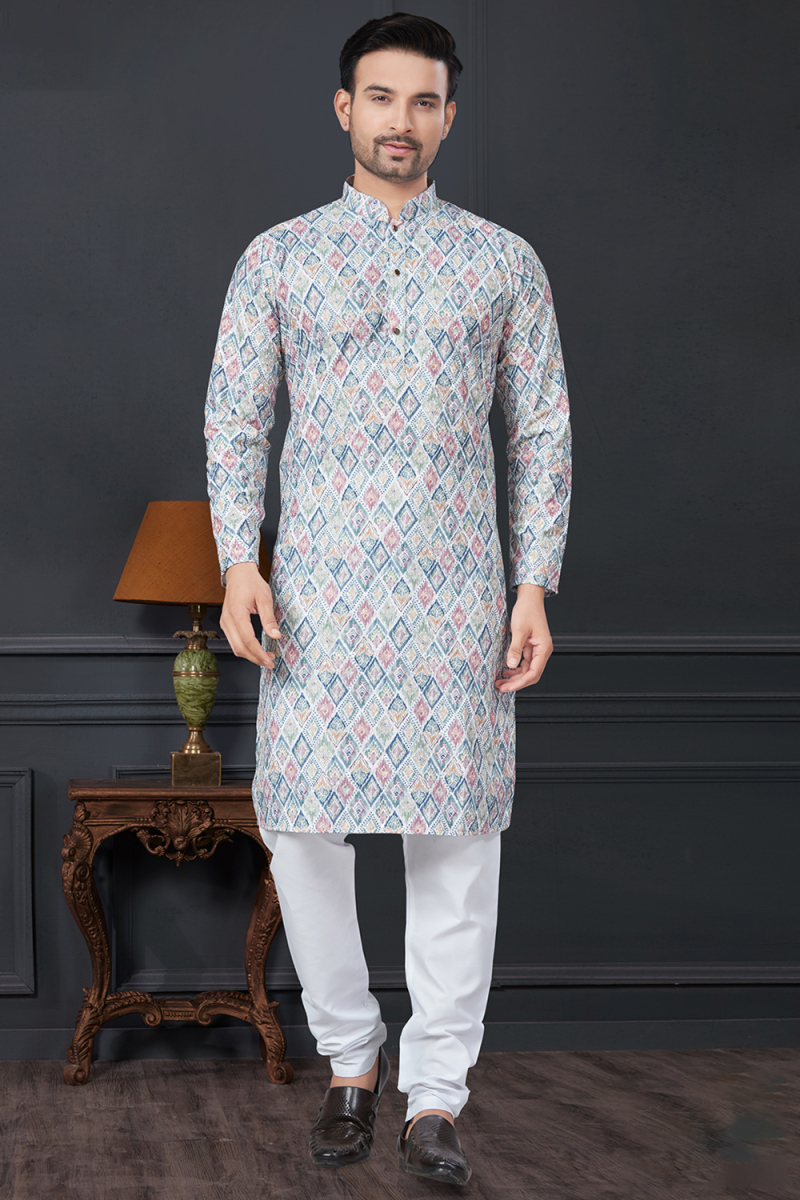 Light Blue Rayon Straight Cut Printed Men's Kurta Churidar