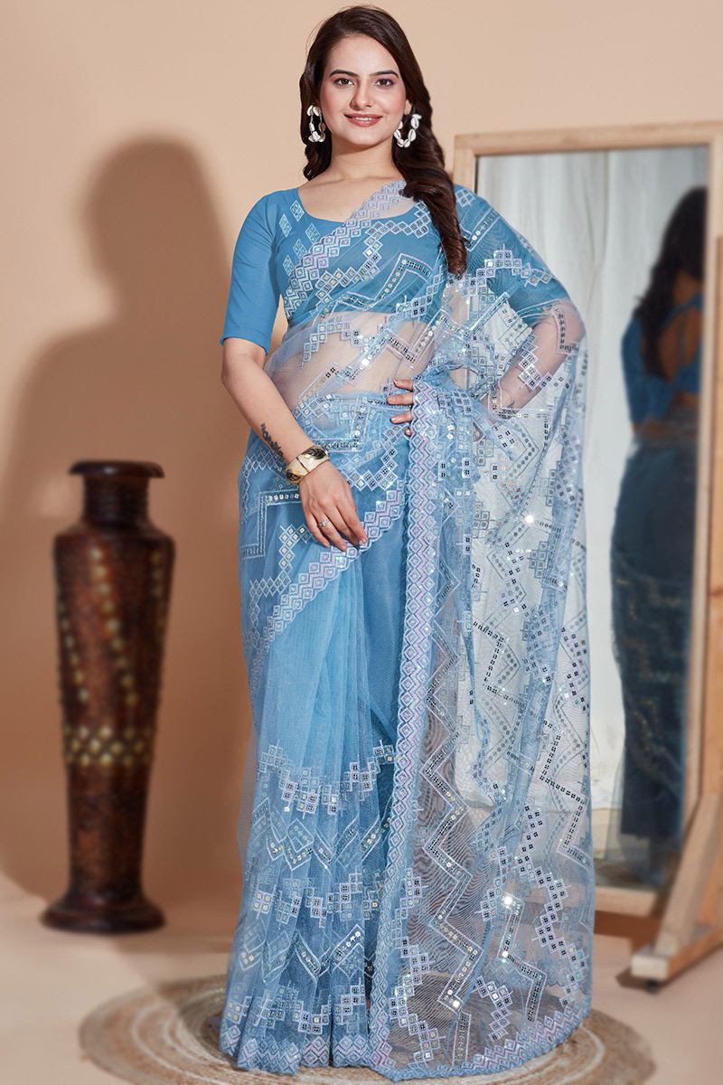 Light Blue Sequins Embroidered Net Light Weight Saree 