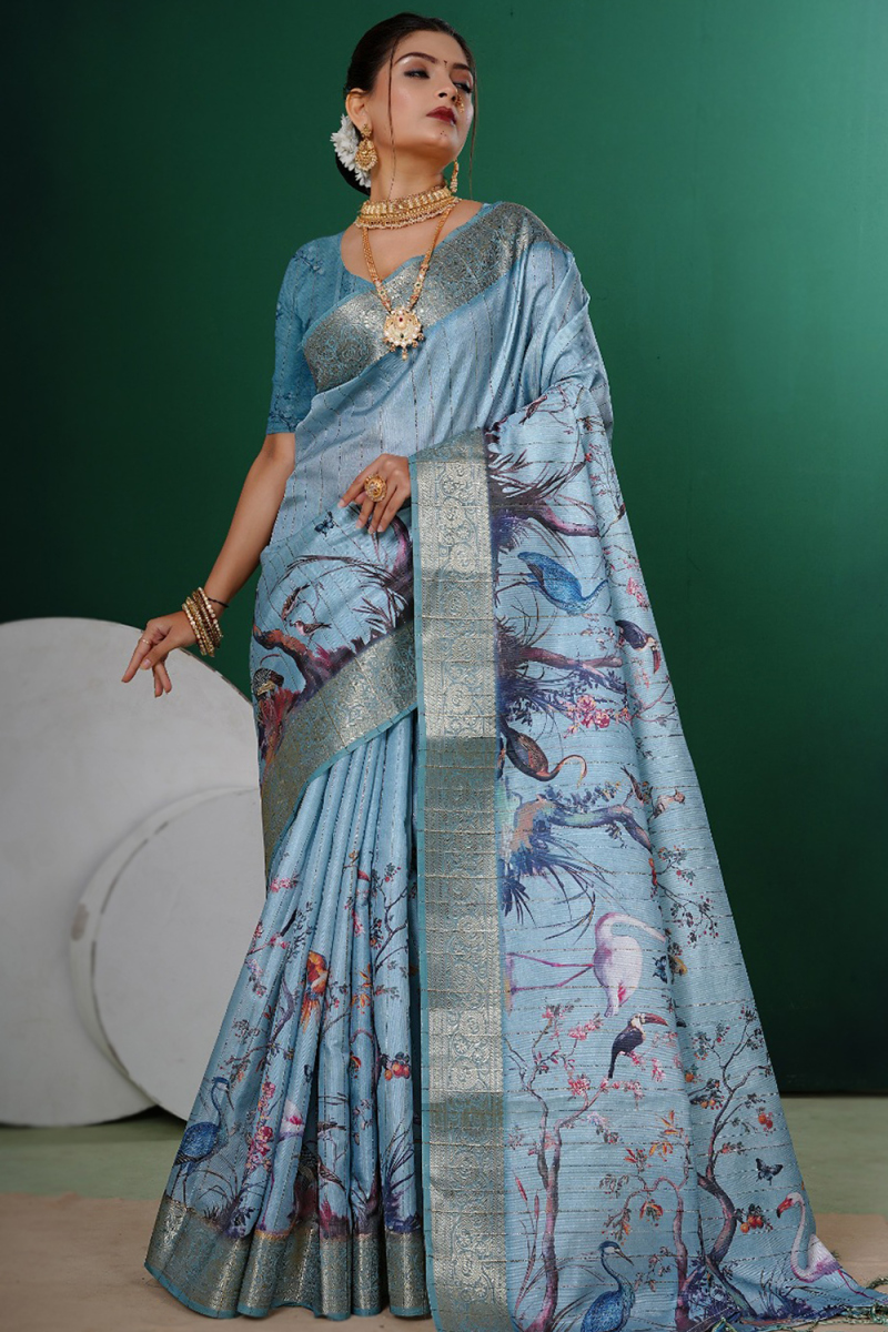 Light Blue Soft Silk Bird Print Light Weight Saree 