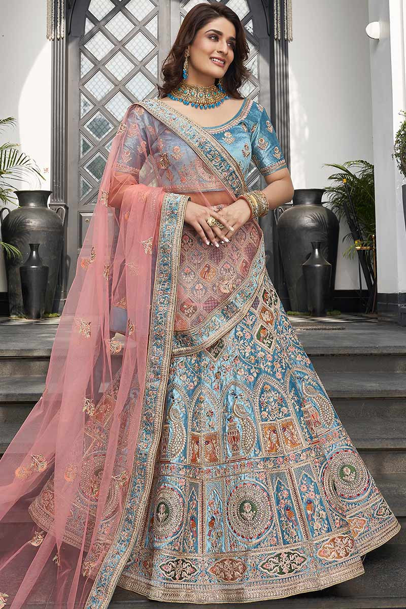 Photo of Navy Blue Sangeet Lehenga with Light Pink Dupatta | Indian bridal  fashion, Indian designer outfits, Half saree designs
