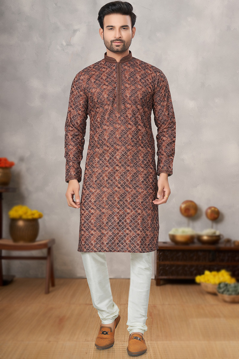 Light Brown Bandhej Print Cotton Men s Kurta With Churidar MKPA06765