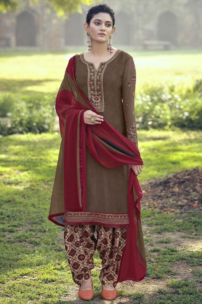 Bollywood Patiala Suit in Burgundy Maroon Embroidered Fabric LSTV114865