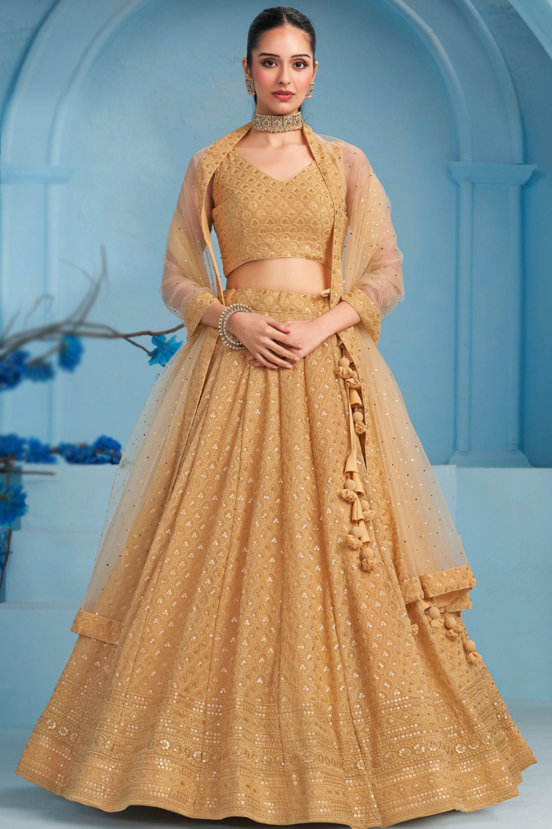 Light Brown Embroidered Georgette Panelled Style Lehenga