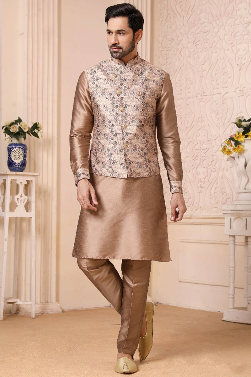 Light Brown Jacket Style Art Silk Men Kurta Pajama
