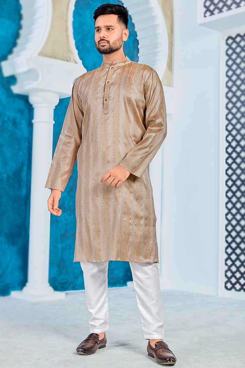 Light Brown Jacquard Silk Woven Men Kurta With Pajama