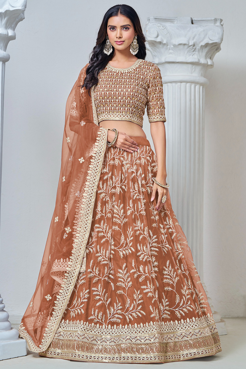 Light Brown Net Embroidered Panelled Style Lehenga For Wedding