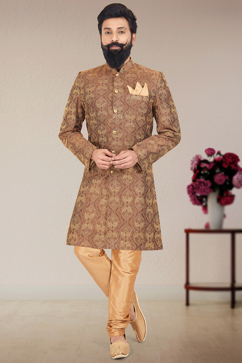 Light Brown Silk Embroidered Men Sherwani