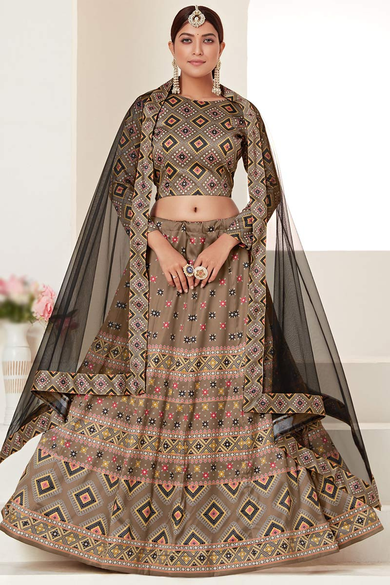 Light Brown Silk Printed Lehenga
