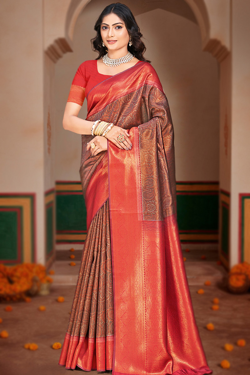 Light Brown Weaved Zari Broad Border Silk Saree For Sangeet 