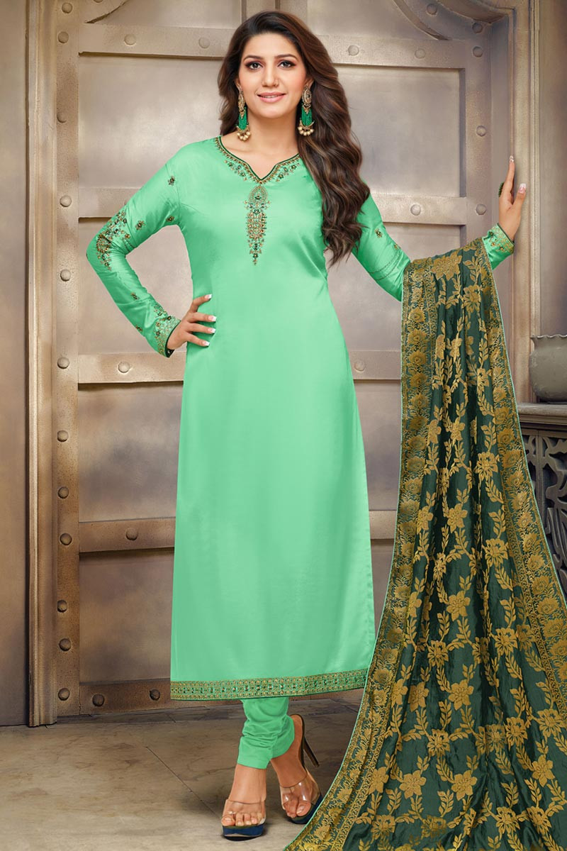 Order Online Churidar Suit in Light Green Embroidered Fabric LSTV08114