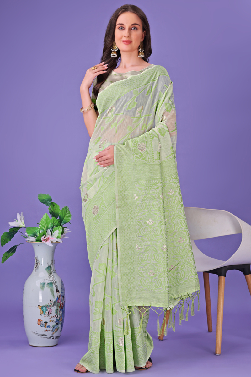 Light Green Cotton Saree With Weaved Work For Casual Wear