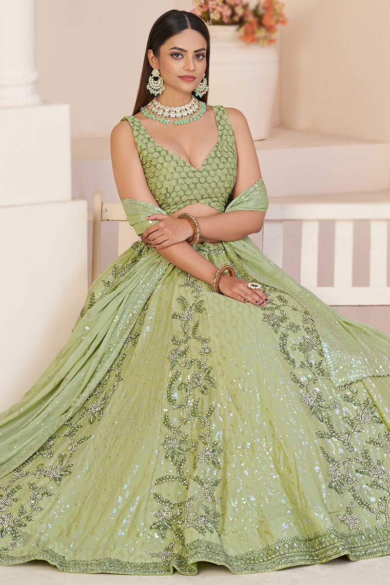 GREEN SILK EMBROIDERED DORI AND ZARI LEHENGA SET