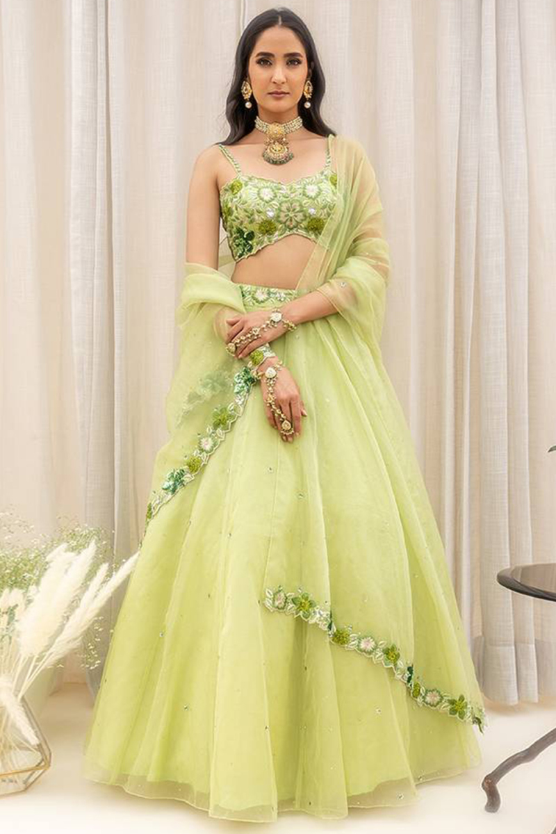 Light Green Organza Lehenga with Cutdana & Mirror Work For Mehendi