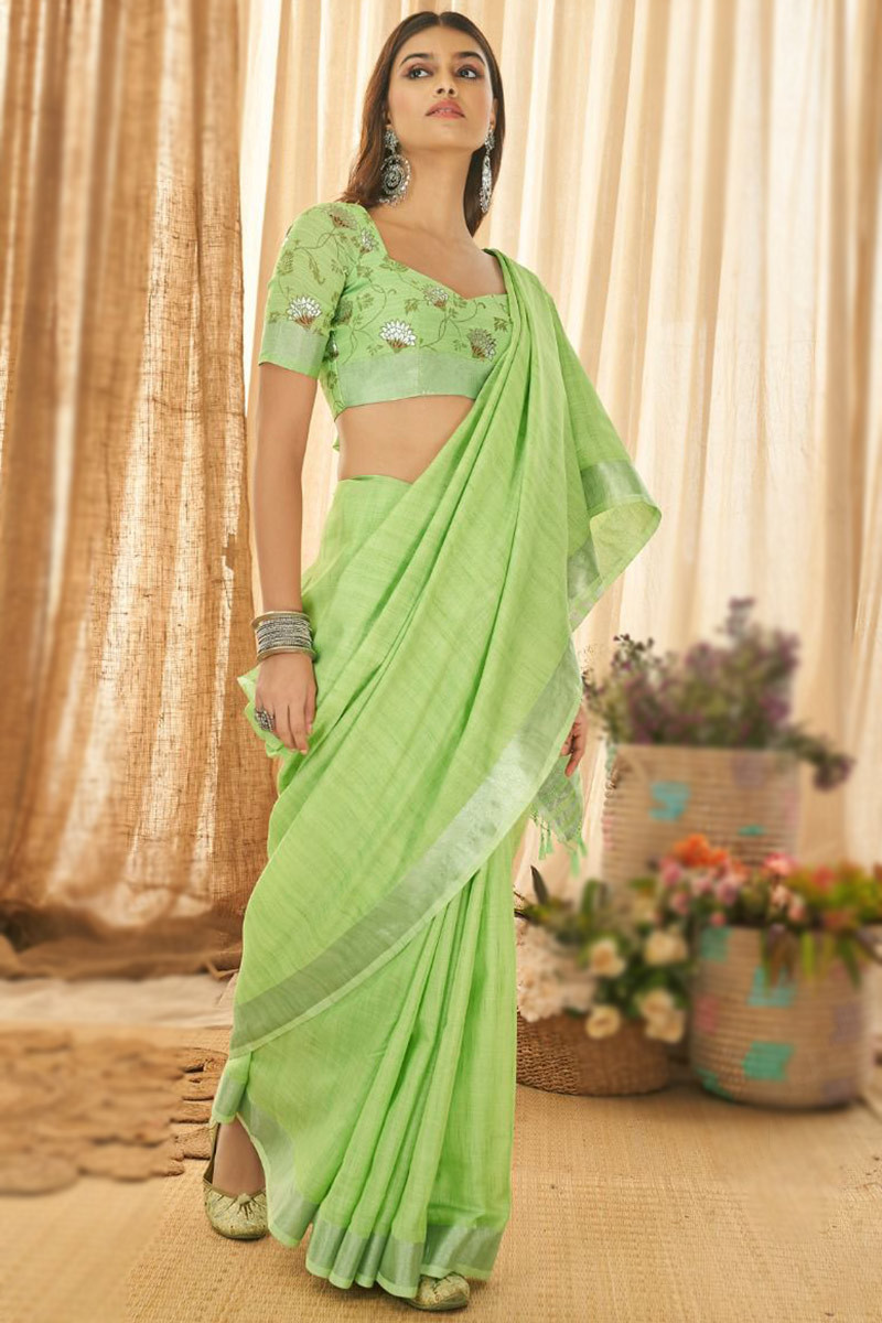 Trendy Woven Zari Bordered Linen Light Green Saree