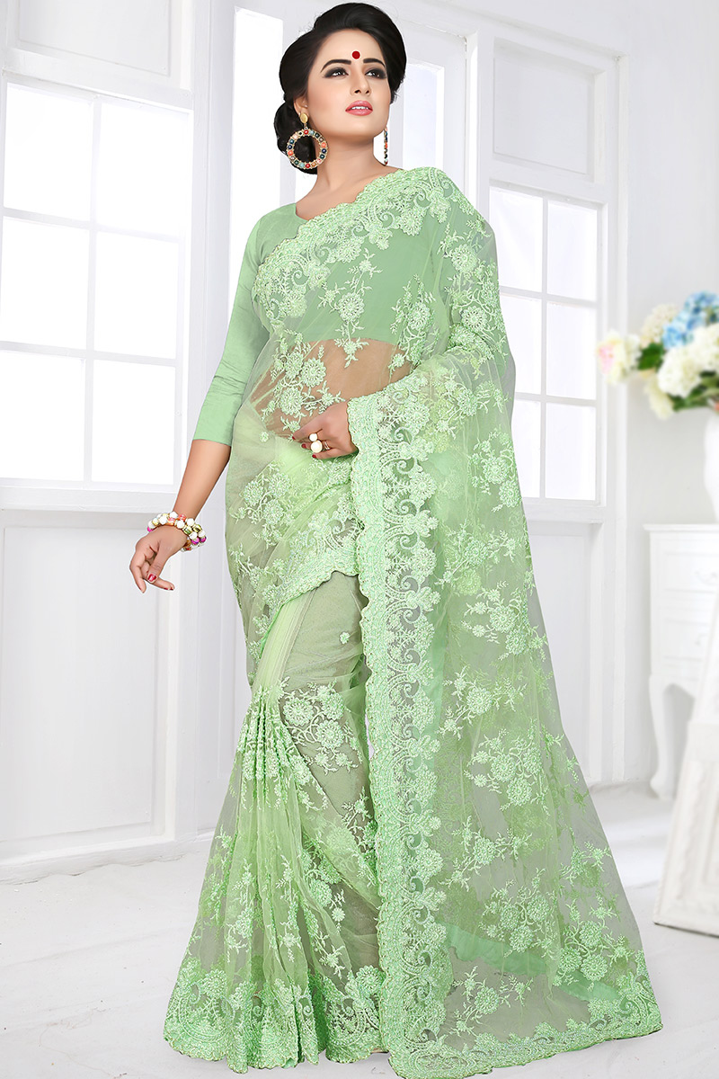 Light Green Resham Embroidered Net Heavy Saree