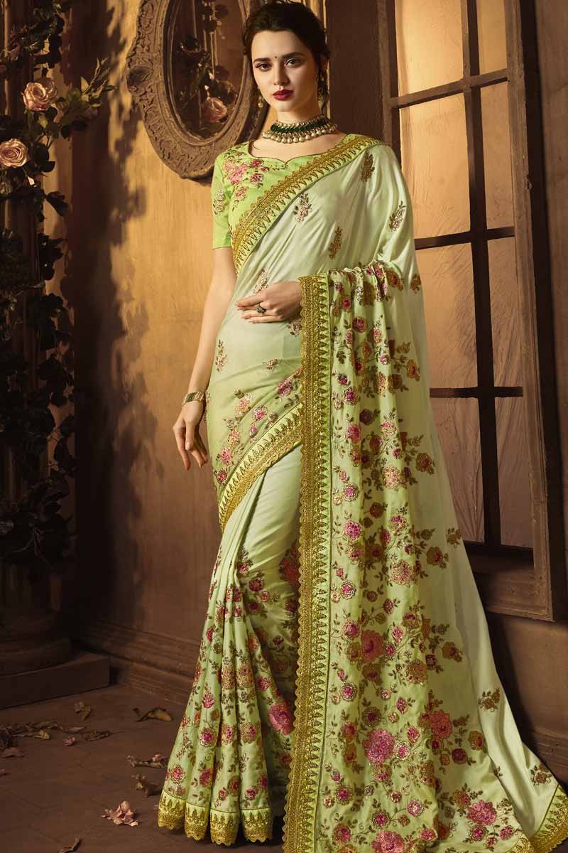 Lime Green Woven Banarasi Soft Silk Saree – Zari Banaras