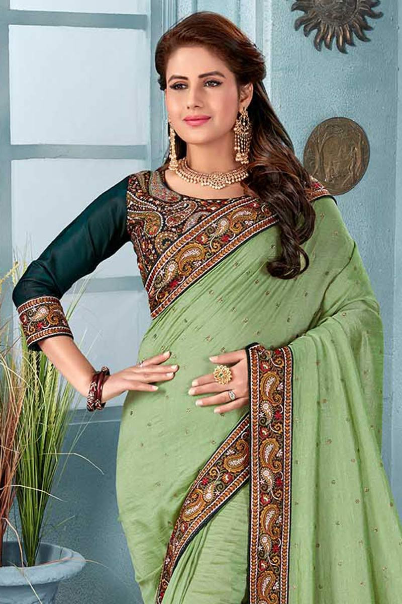 Zeel Clothing Women's Green Art Silk Saree with Green Blouse (5085