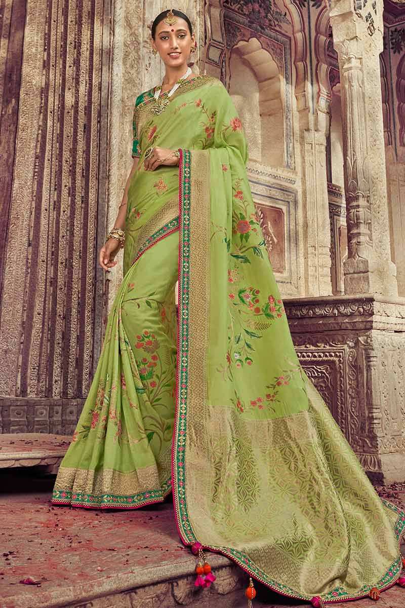 Jade Green Silk Saree With Banglori Silk Blouse