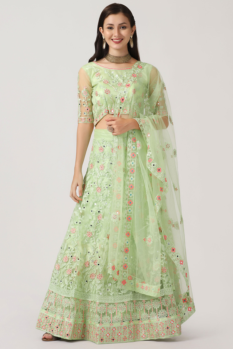 Light Green Stone Embellished Net Panelled Style Lehenga
