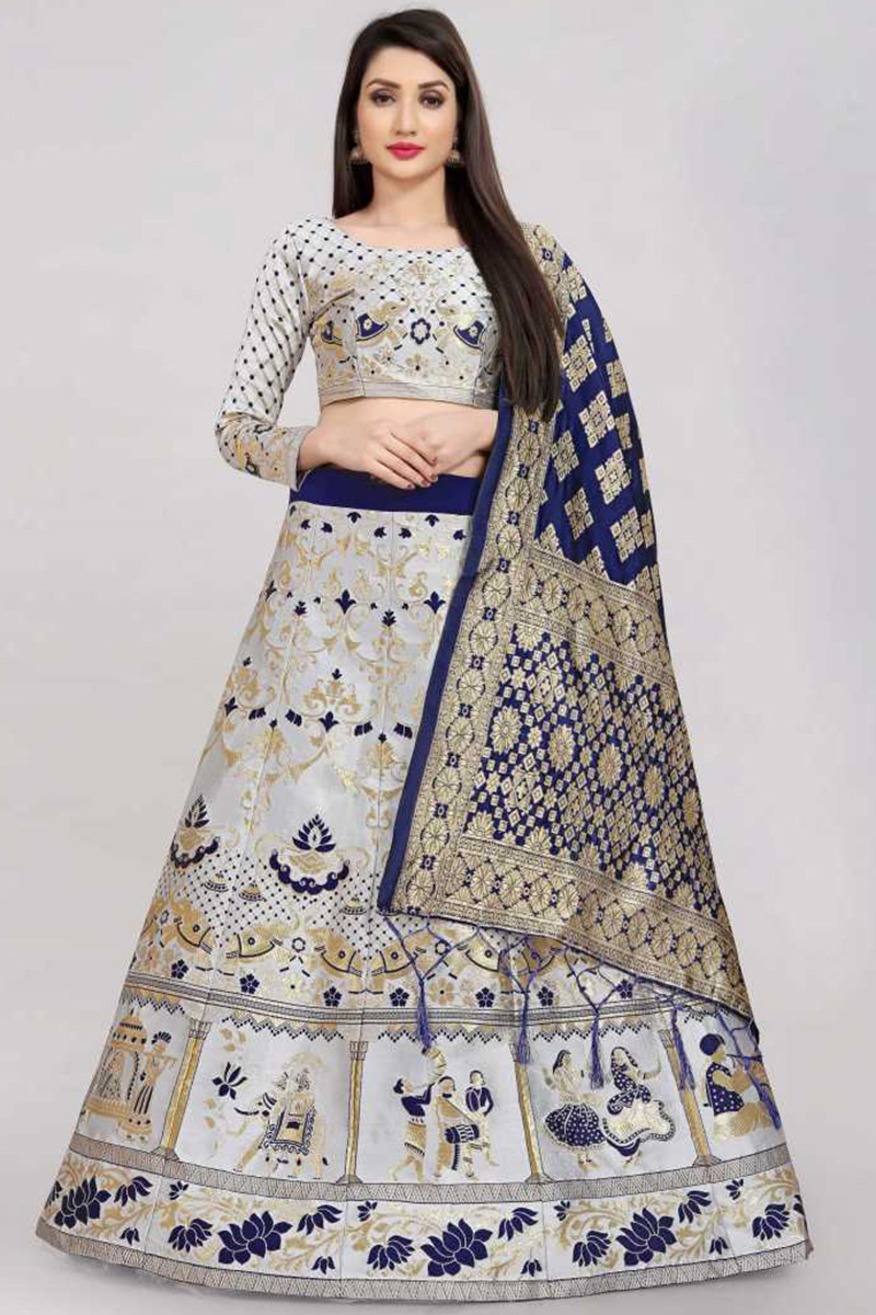 Light Grey Banarasi Silk A-Line Lehenga