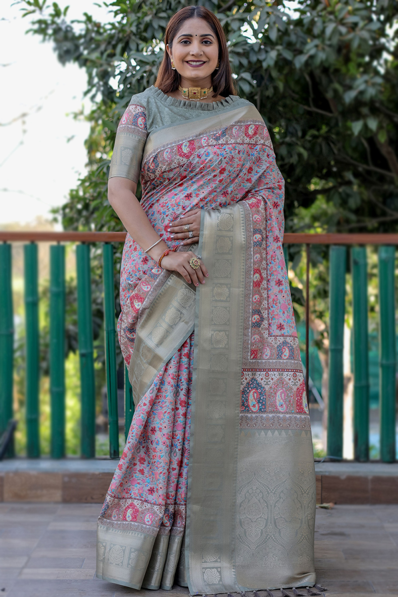 Light Grey Broad Border Printed Silk Saree 