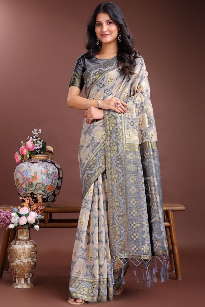Light Grey Cotton Saree with Weaved Work for Navratri Festival