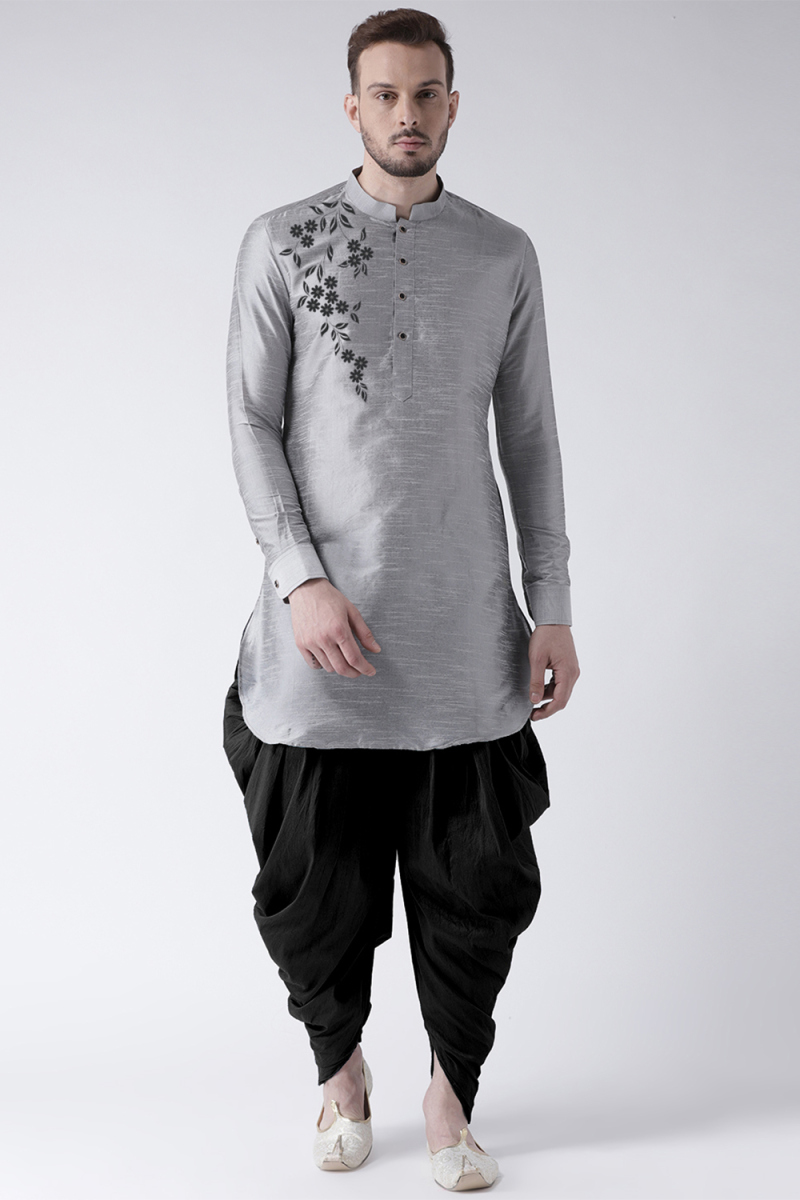 Light Grey Dupion Silk Embroidered Straight Cut Men's Kurta Dhoti