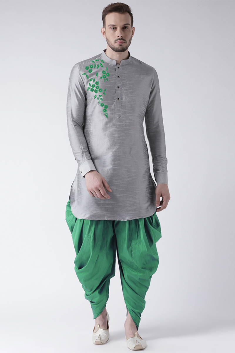 Light Grey Dupion Silk Embroidered Straight Cut Men's Kurta Dhoti