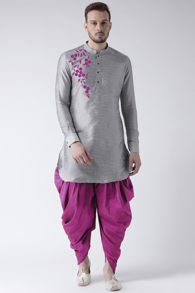 Light Grey Dupion Silk Embroidered Straight Cut Men's Kurta Dhoti