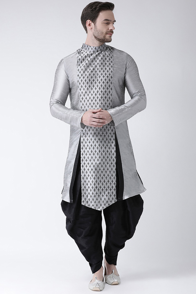 Light Grey Foil Print Dupion Silk Side Slit Men's Kurta With Dhoti 