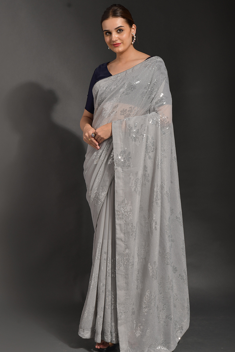 Saree in Light Grey Georgette for Party Wear with Sequins Work