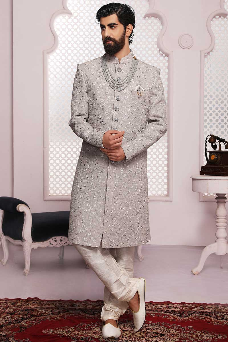 Light Grey Georgette Thread And Gotta Patti Embroidered Men Sherwani