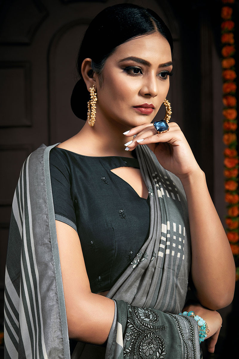 Buy Light Grey Handloom Saree With Cotton Blouse Online