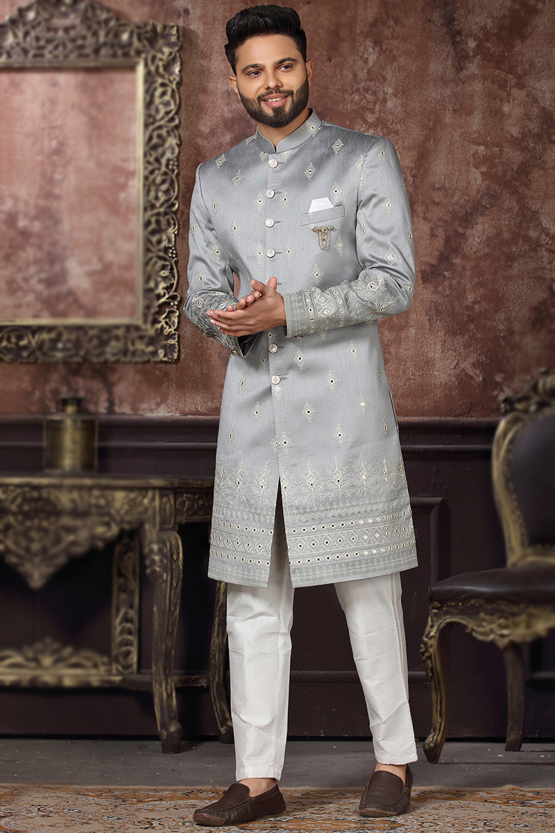 Lowest Price Light Grey Jacquard Embroidered Men s Sherwani MSTV01678
