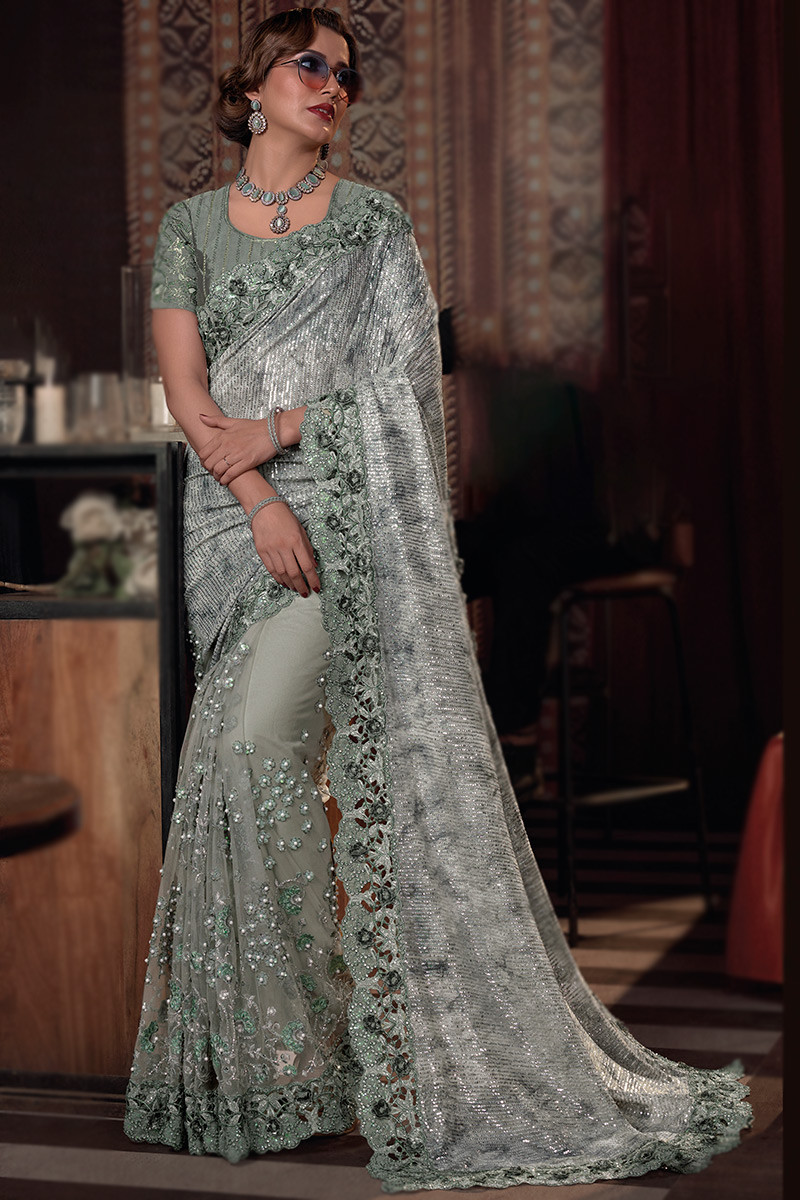 Light Grey Net Embroidered Half And Half Saree SARV169454