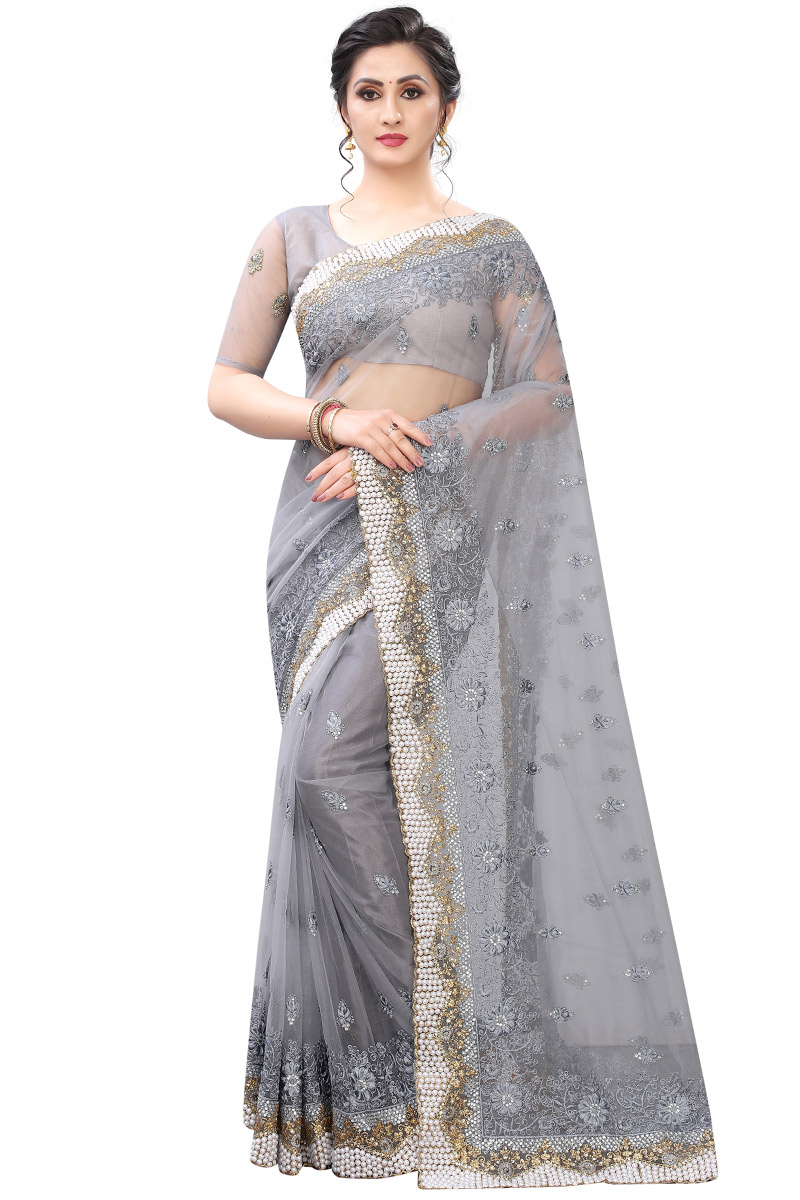 Light Grey Net Saree With Net Blouse