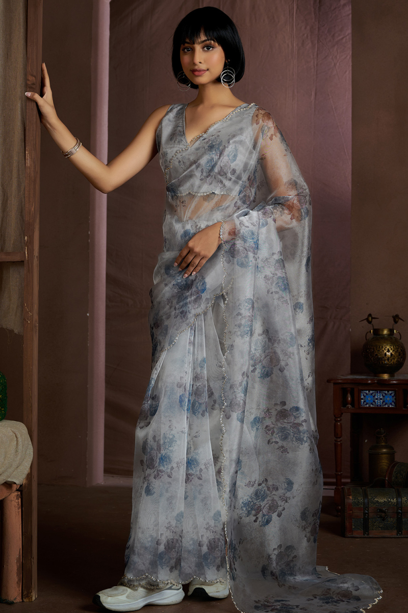 Light Grey Organza Printed Light Wight Saree 