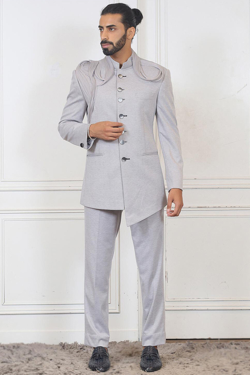 Light Grey Plain Linen Jodhpuri Style Men's Sherwani