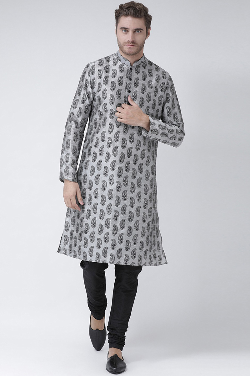 Light Grey Printed Dupion Silk Men's Kurta With Churidar 