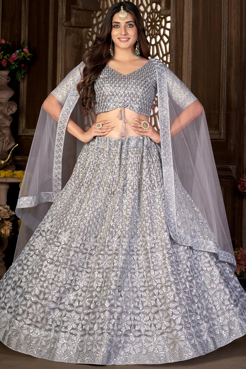Light Grey Sequins Embroidered Net A-line Lehenga 