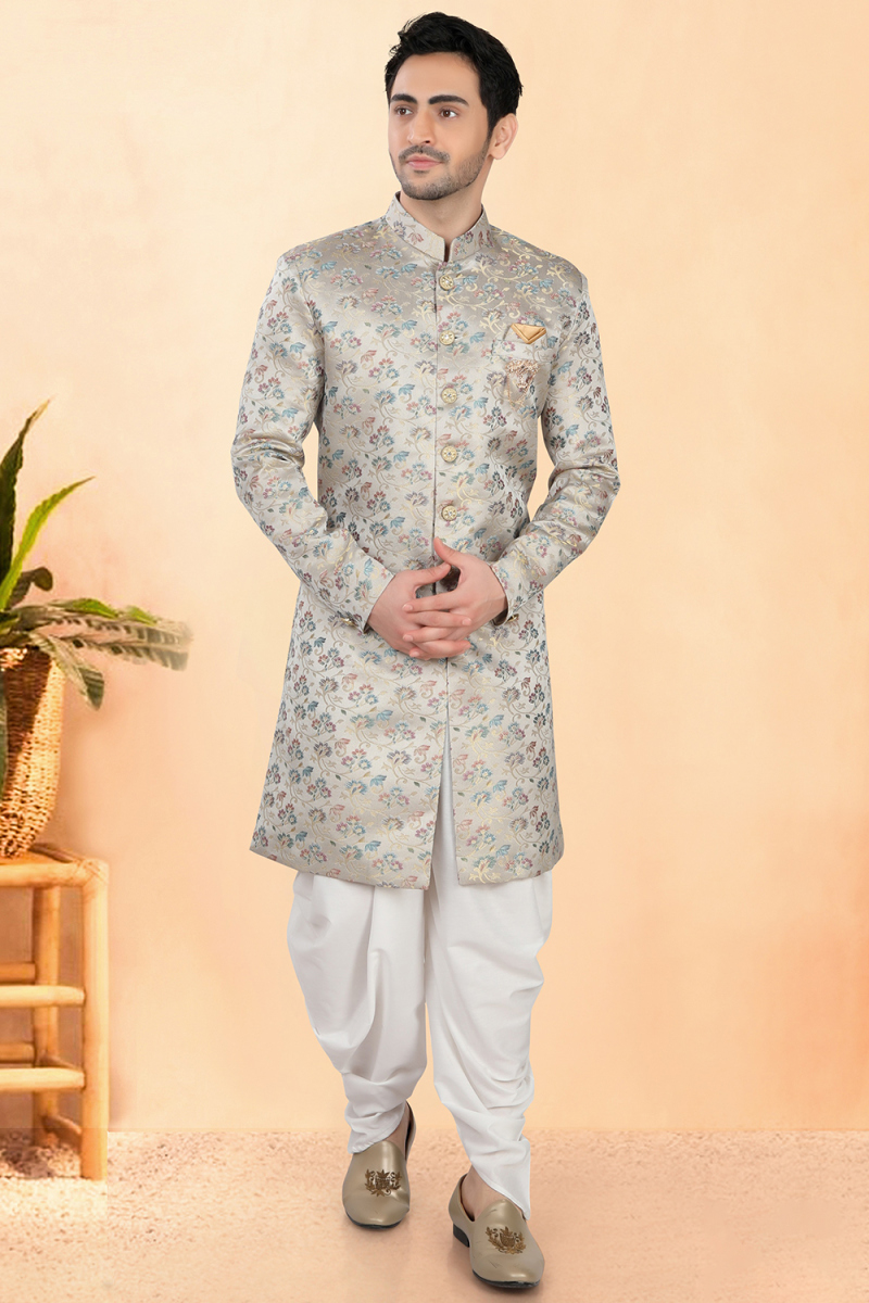 Light Grey Soft Silk Men's Sherwani with Weaved Work for Reception