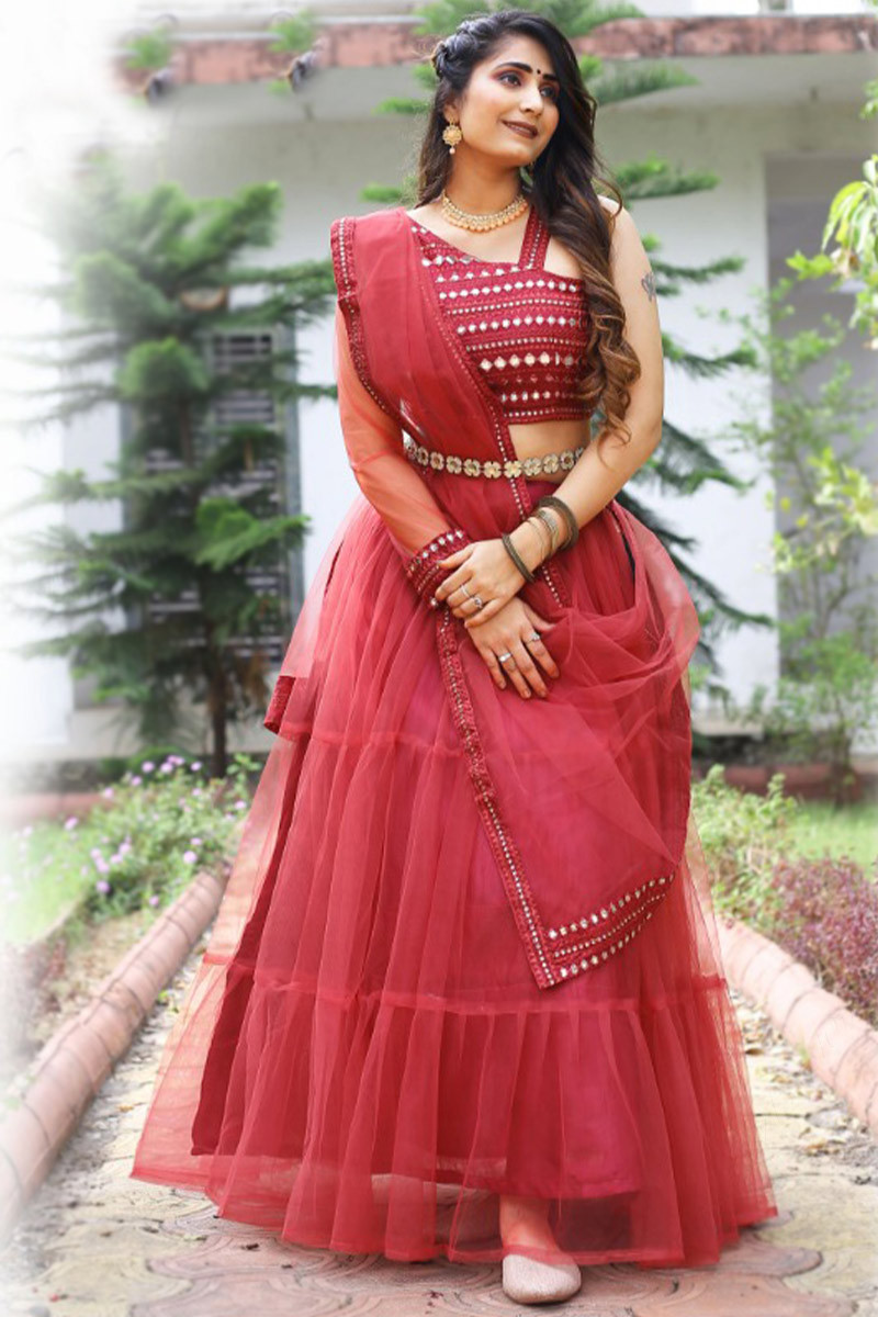 Light Maroon Net Plain Lehenga