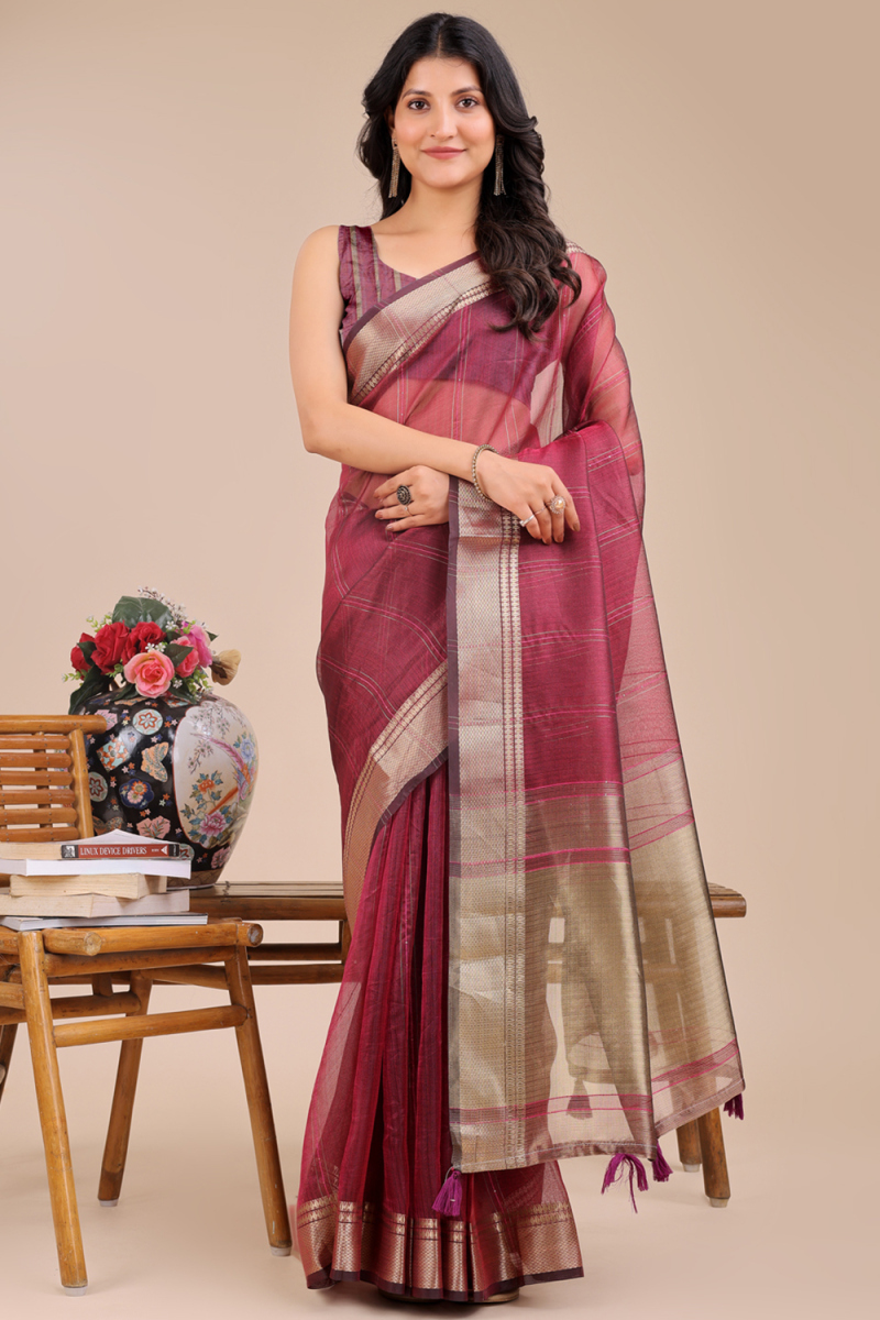 Light Maroon Organza Saree With Weaved Work For Diwali